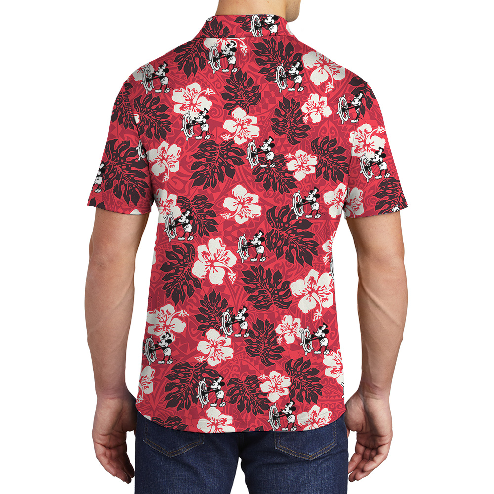 Cute Mickey Steamboat Willie Vintage Hibiscus Red Hawaiian Polo Shirt For Men