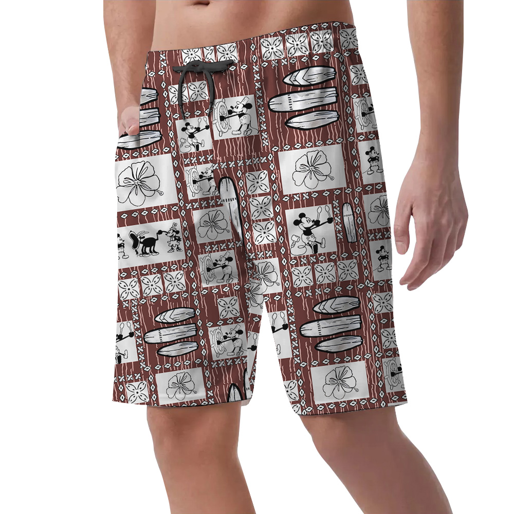 Cute Steamboat Willie Mickey Mouse Vintage Hawaiian Beach Shorts For Men