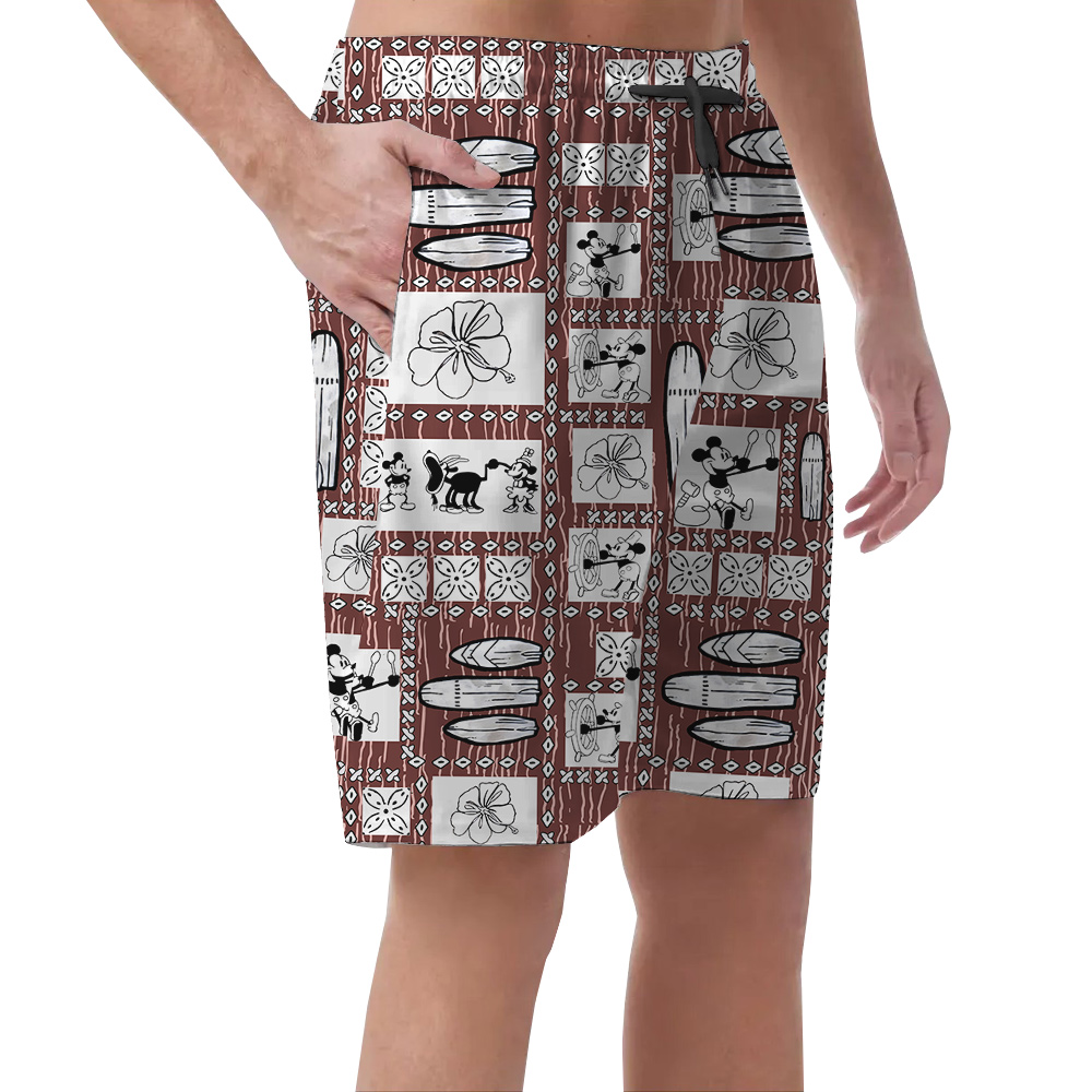 Cute Steamboat Willie Mickey Mouse Vintage Hawaiian Beach Shorts For Men