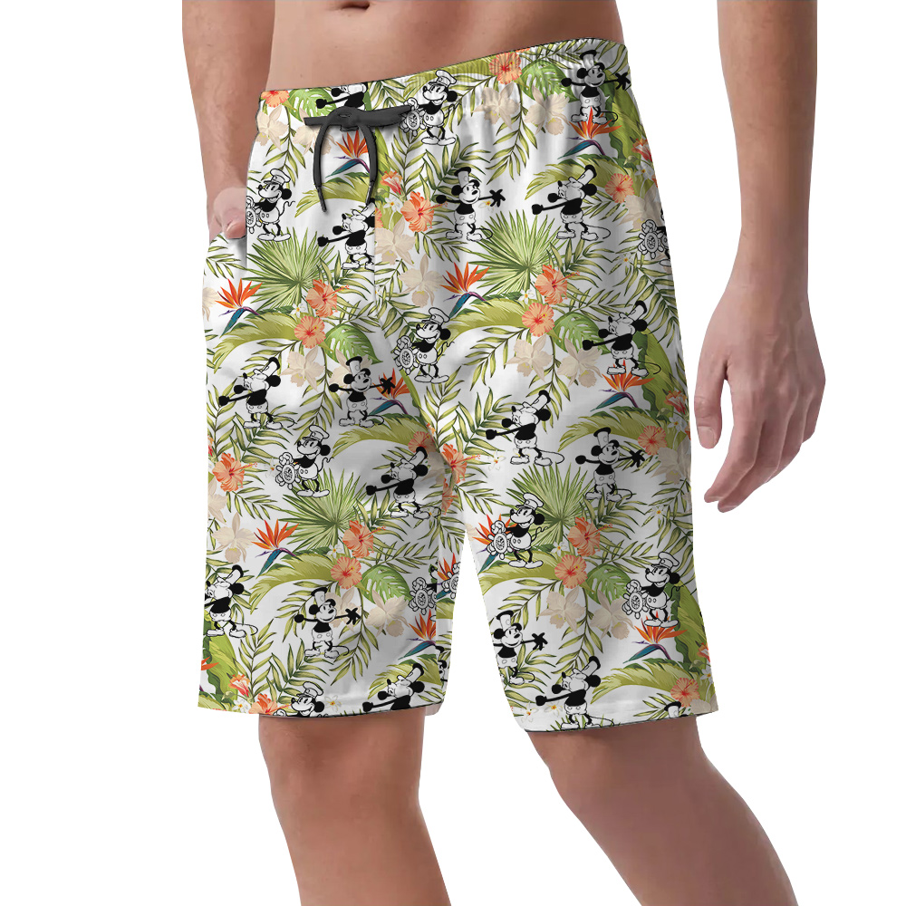 Funny Mickey Mouse Steamboat Willie Tropical Hawaiian Summer Shorts For Men