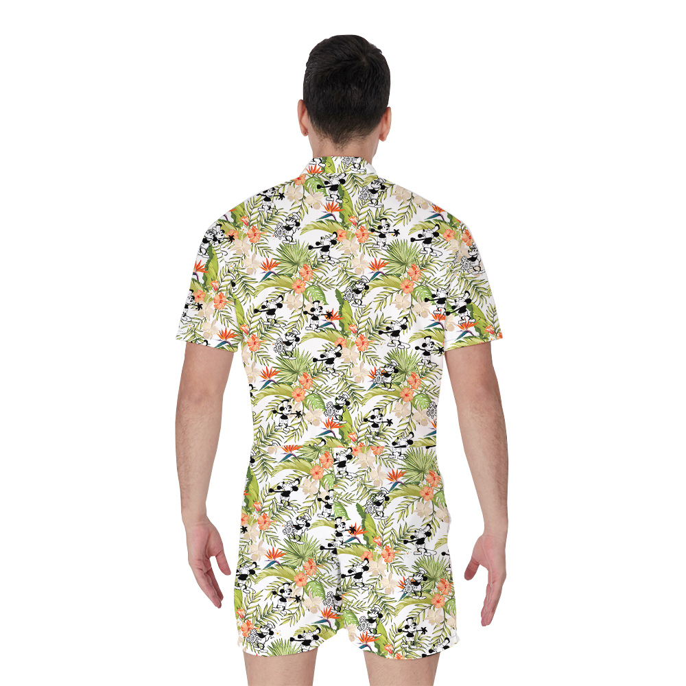 Steamboat Willie Mickey Mouse Tropical Hibiscus Hawaiian Romper For Men