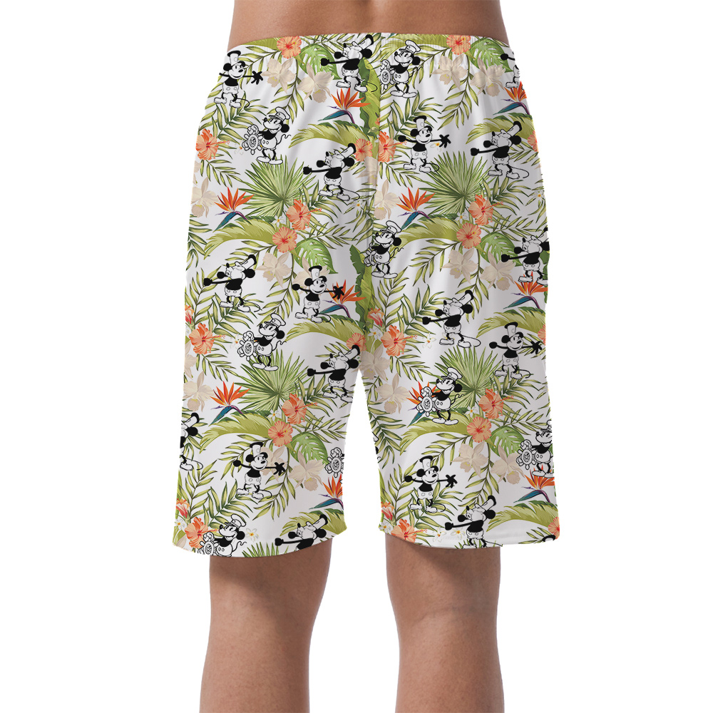 Funny Mickey Mouse Steamboat Willie Tropical Hawaiian Summer Shorts For Men