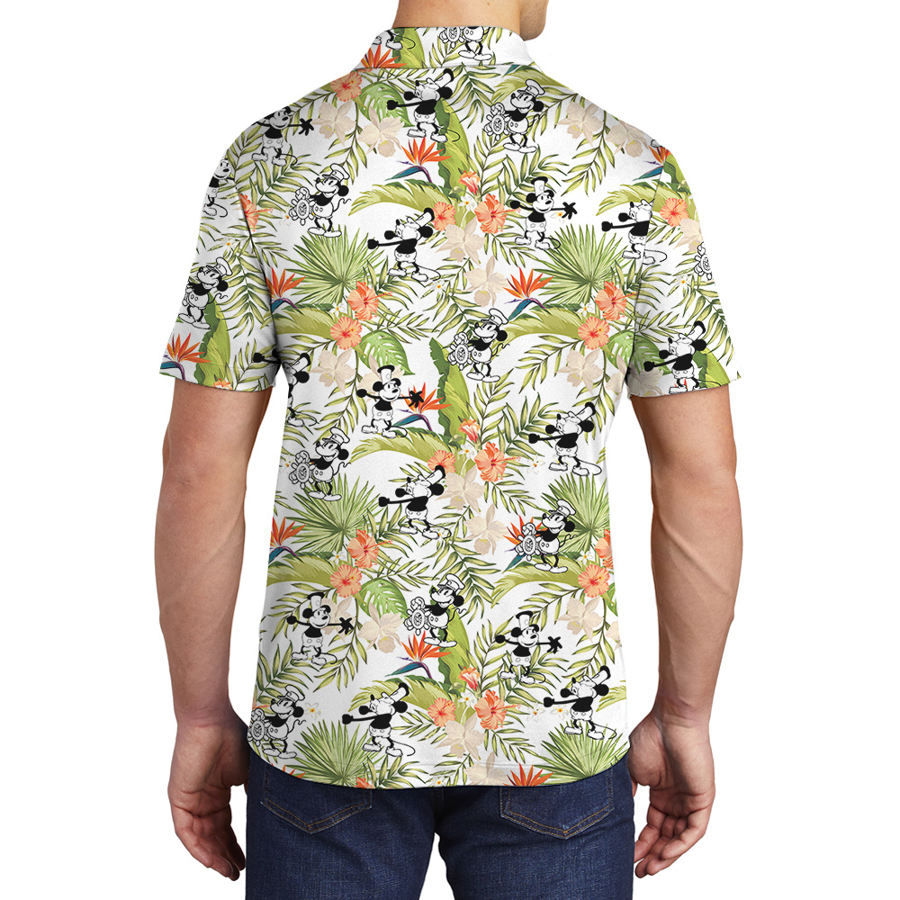 Cute Mickey Steamboat Willie 1928 Tropical Hibiscus Hawaiian Polo Shirt
