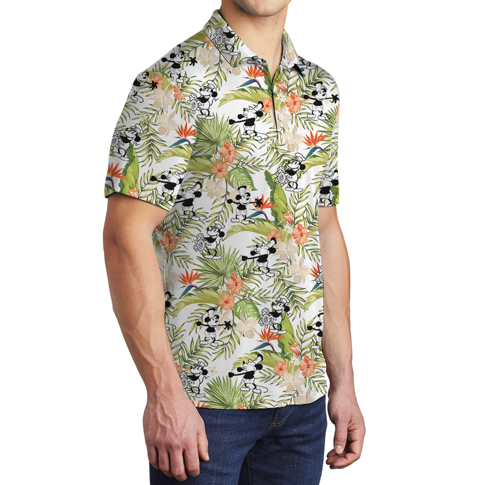 Cute Mickey Steamboat Willie 1928 Tropical Hibiscus Hawaiian Polo Shirt
