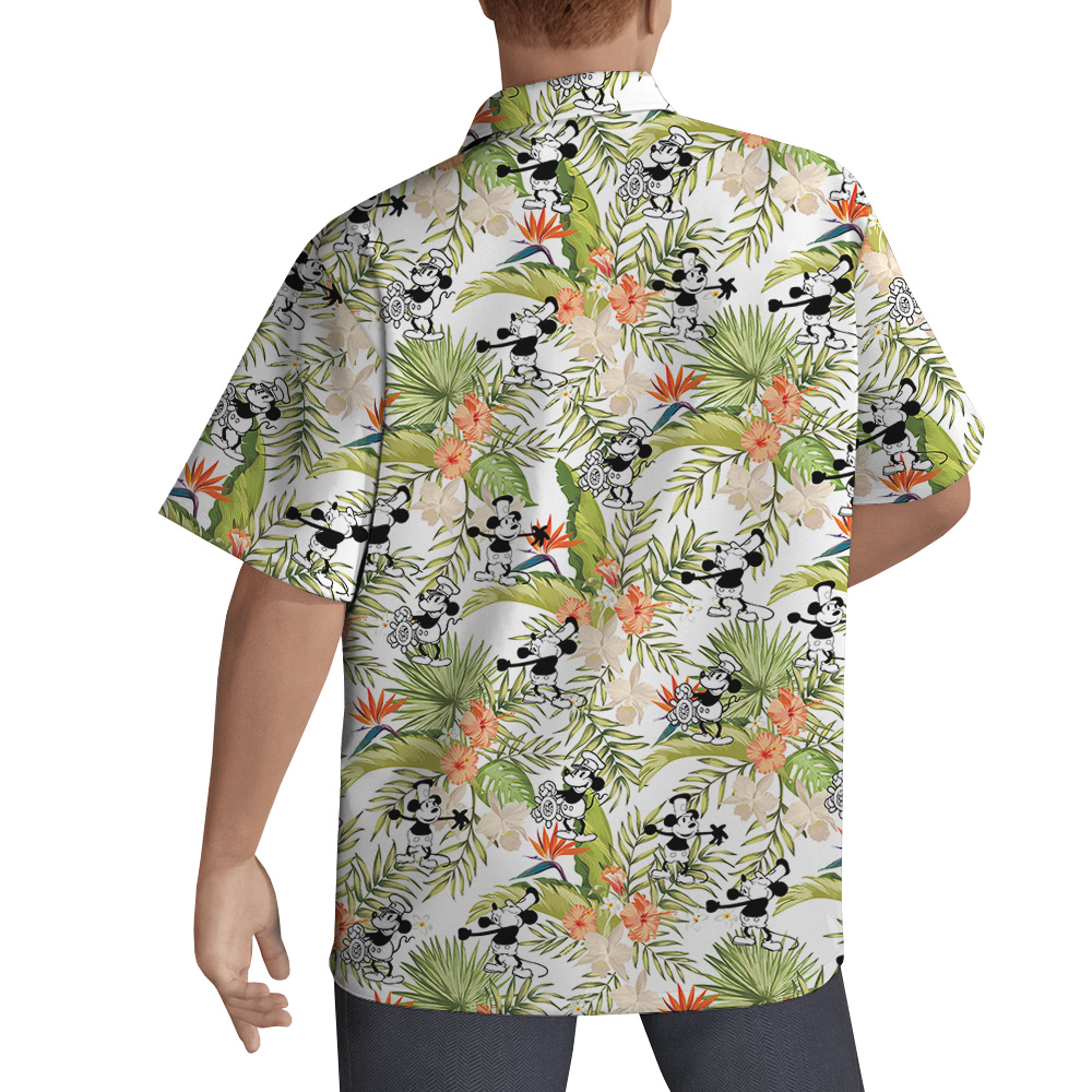 Tropical Hibiscus Steamboat Willie Mickey Hawaiian Button Up Shirt