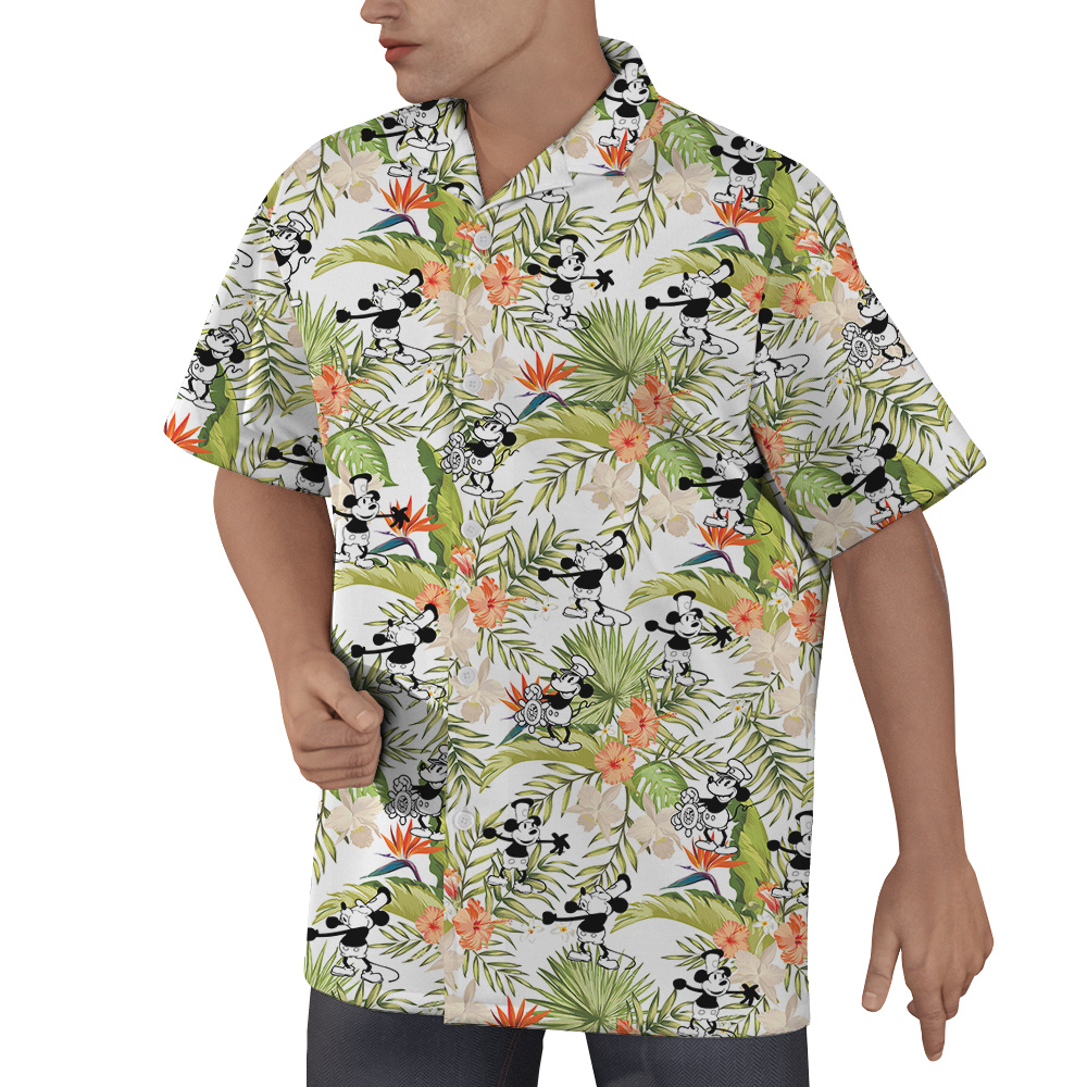 Tropical Hibiscus Steamboat Willie Mickey Hawaiian Button Up Shirt