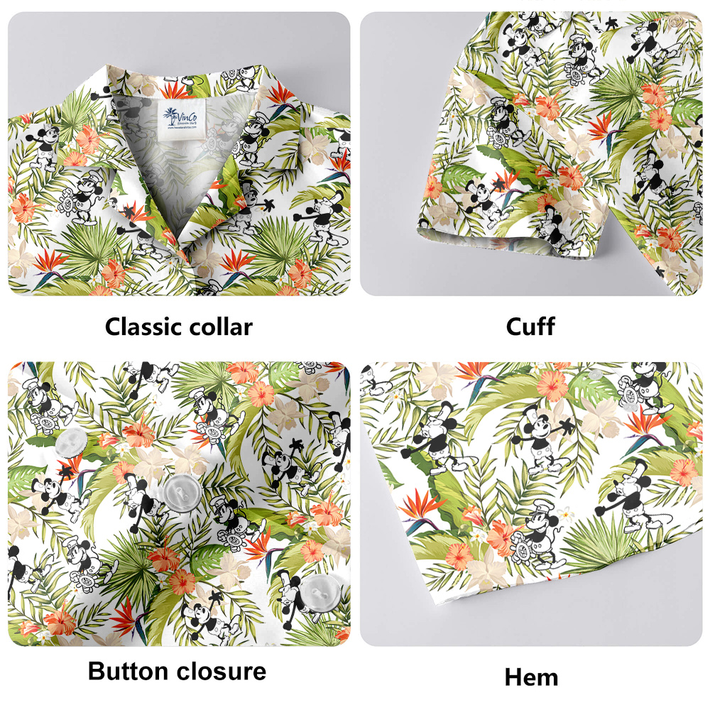 Tropical Hibiscus Steamboat Willie Mickey Hawaiian Button Up Shirt