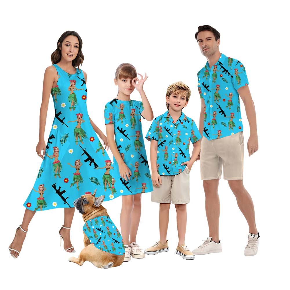 Custom Face With Gun And Tropical Flower Personalized Family Matching - variant image 1