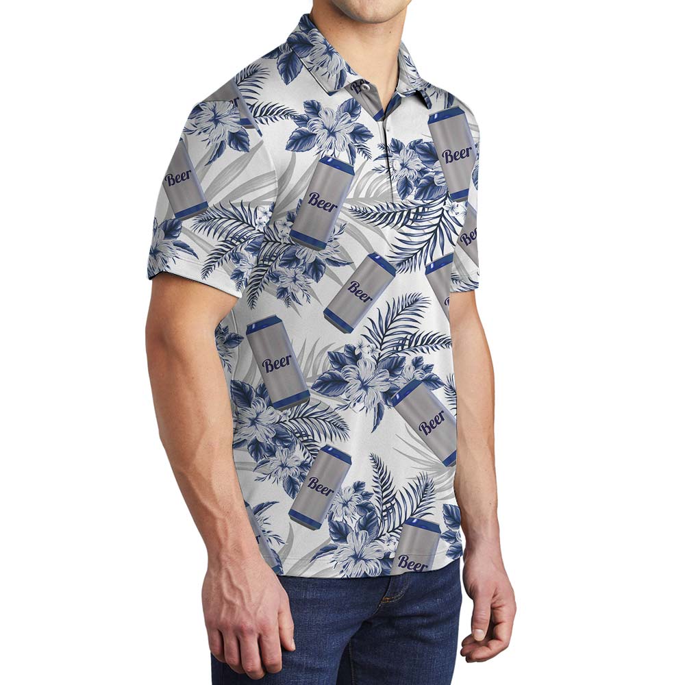 Canned Beer Hawaiian Tropical Flower Polo Men