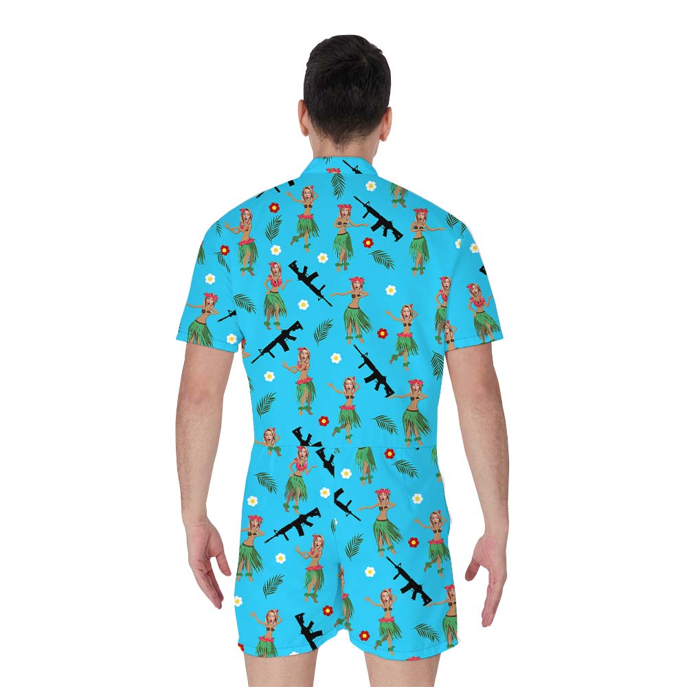 Hawaiian Custom Face Romper Men With Tropical Flower Gun