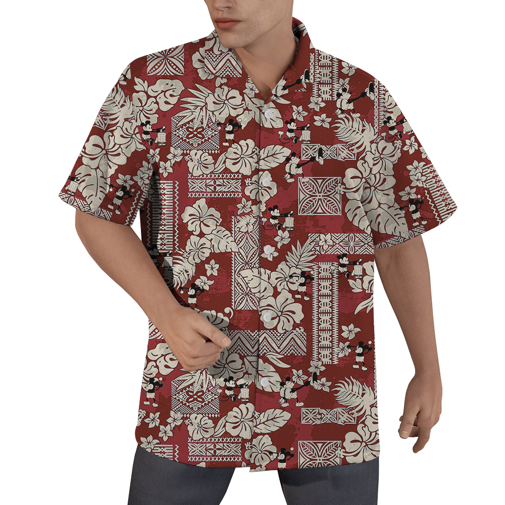 Vintage Hibiscus Mickey Steamboat Willie 1928 Red Hawaiian Shirt - variant image 1