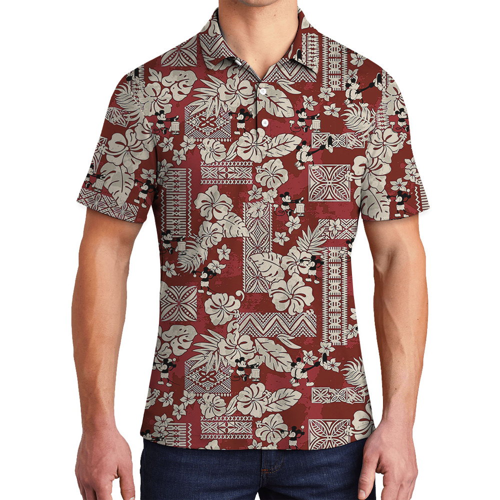 Cute Mickey Steamboat Willie Vintage Hibiscus Hawaiian Polo Golf Shirt - variant image 1