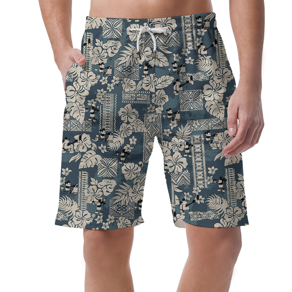 Cute Mickey Steamboat Willie Vintage Floral Navy Hawaiian Beach Shorts For Men - variant image 1