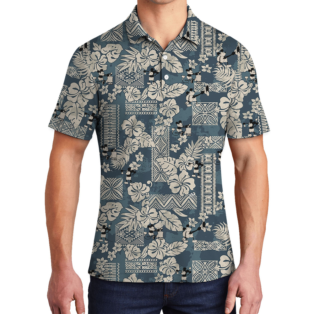 Cute Mickey Steamboat Willie Vintage Floral Navy Hawaiian Polo Shirt - variant image 1