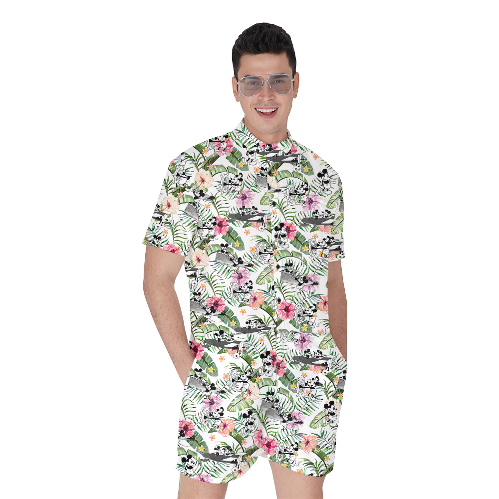 Cute Mickey Steamboat Willie Tropical Hibiscus Hawaiian Romper For Men - variant image 1