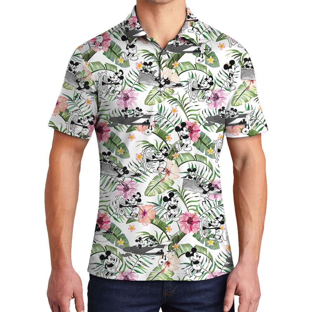 Cute Mickey Steamboat Willie Tropical Hibiscus Hawaiian Polo Shirt - variant image 1