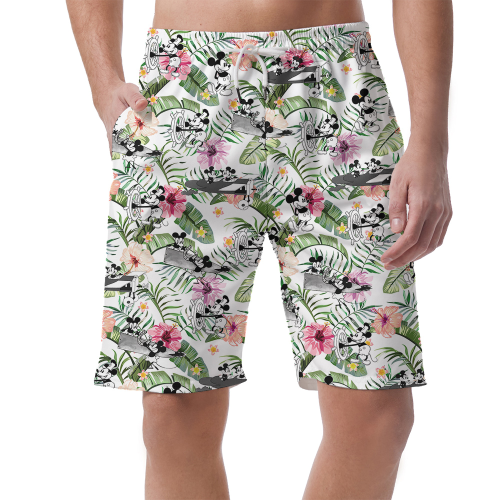 Cute Mickey Steamboat Willie Tropical Hibiscus Hawaiian Beach Shorts For Men - variant image 1