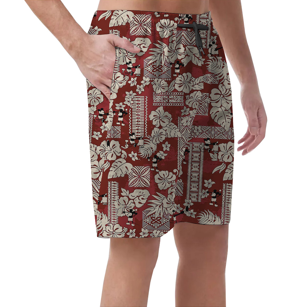 Cute Mickey Steamboat Willie Floral Classic Hawaiian Beach Shorts For Men