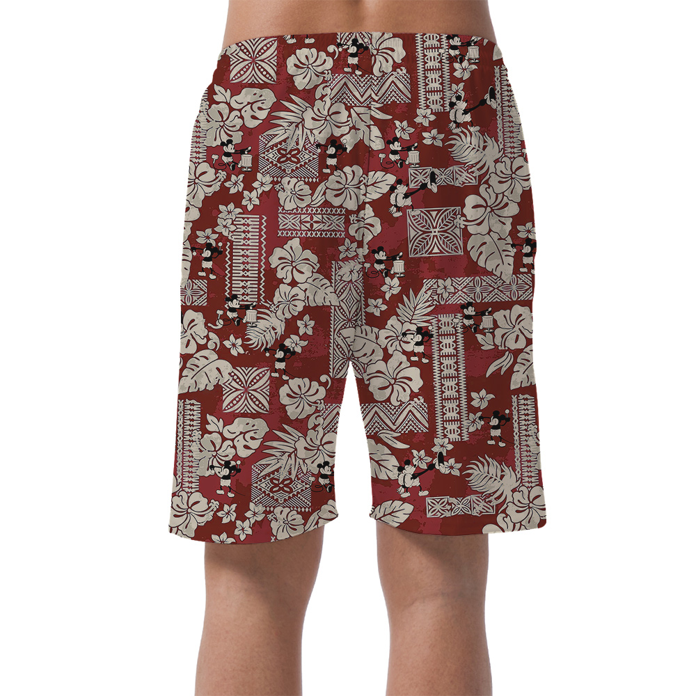 Cute Mickey Steamboat Willie Floral Classic Hawaiian Beach Shorts For Men