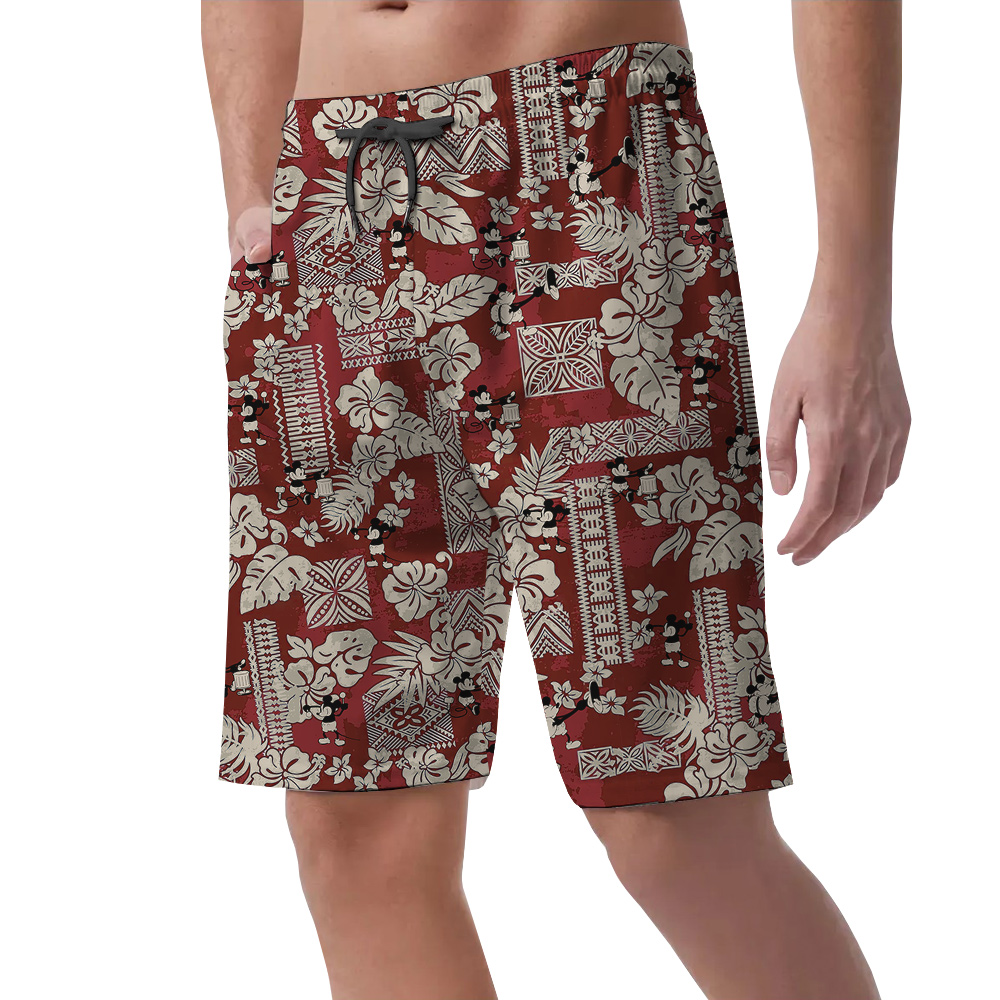 Cute Mickey Steamboat Willie Floral Classic Hawaiian Beach Shorts For Men