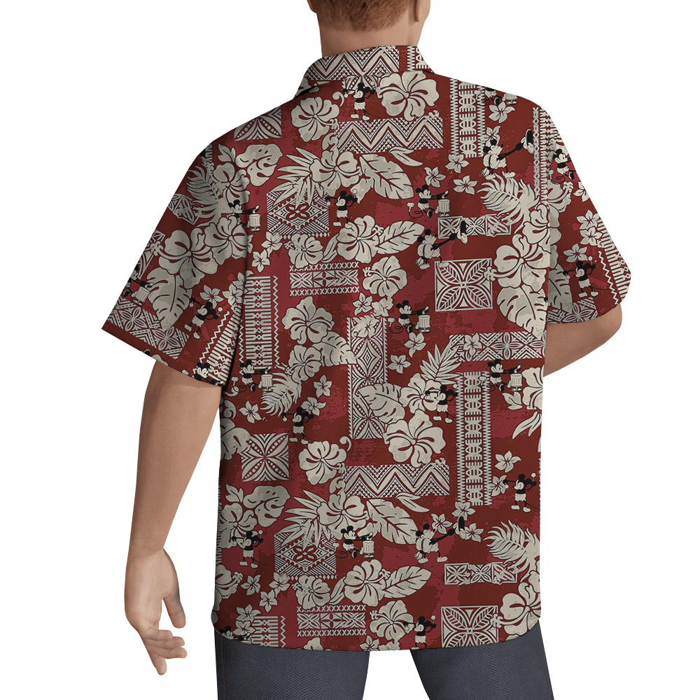 Vintage Hibiscus Mickey Steamboat Willie 1928 Red Hawaiian Shirt