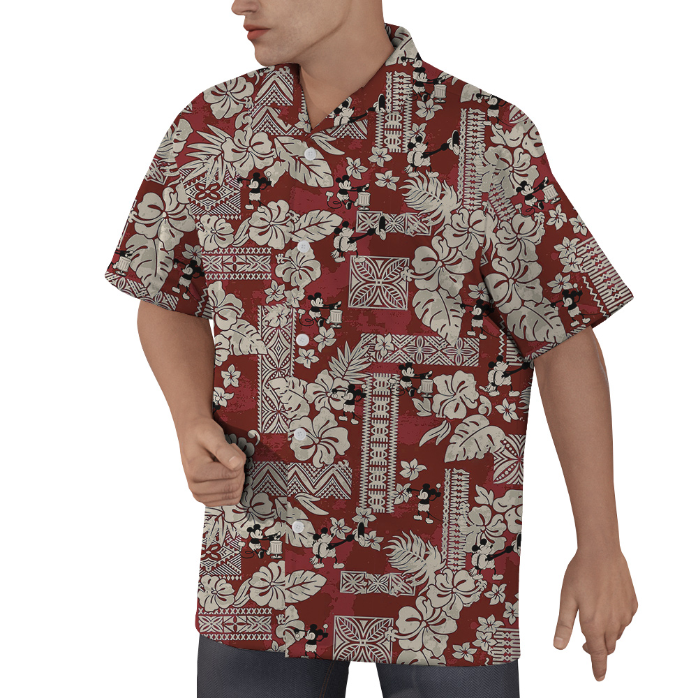 Vintage Hibiscus Mickey Steamboat Willie 1928 Red Hawaiian Shirt
