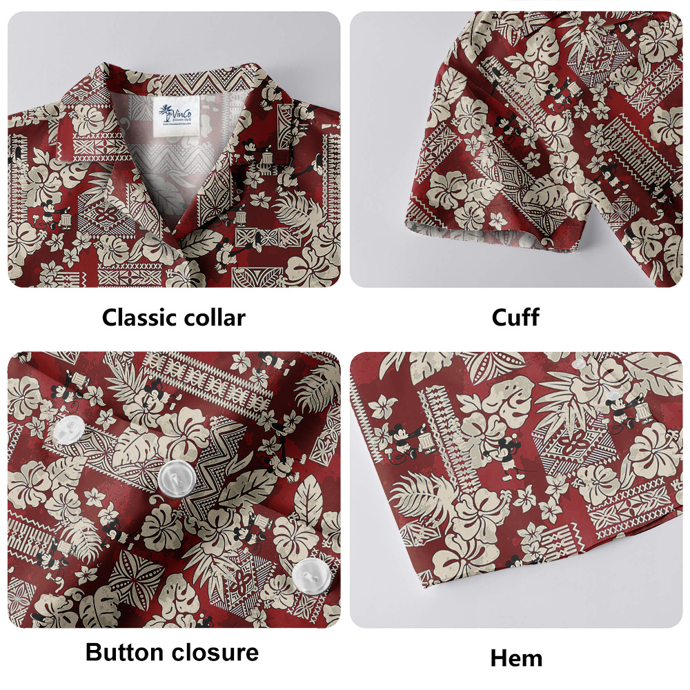 Vintage Hibiscus Mickey Steamboat Willie 1928 Red Hawaiian Shirt
