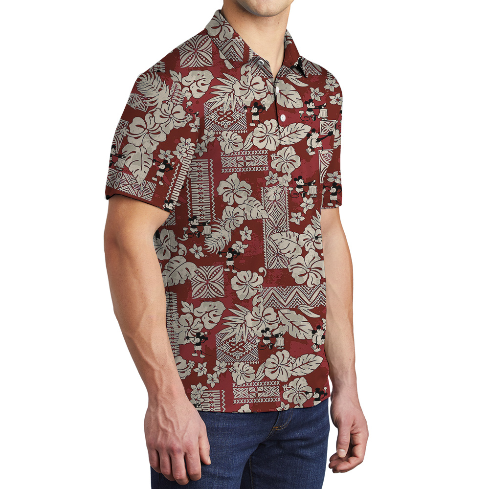 Cute Mickey Steamboat Willie Vintage Hibiscus Hawaiian Polo Golf Shirt
