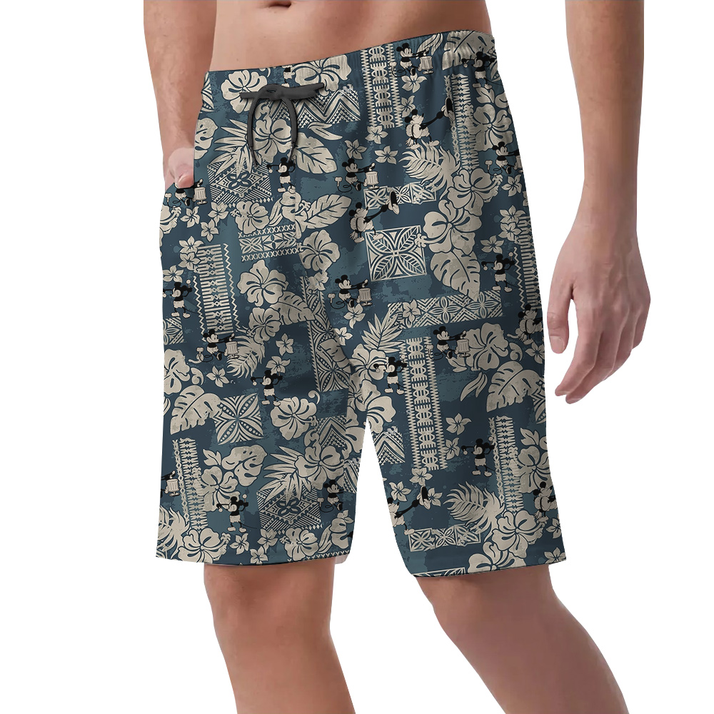 Cute Mickey Steamboat Willie Vintage Floral Navy Hawaiian Beach Shorts For Men