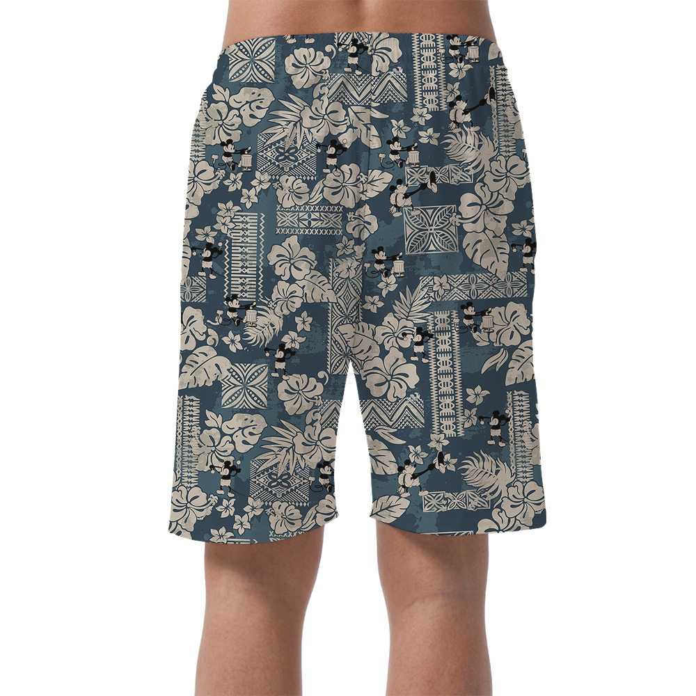 Cute Mickey Steamboat Willie Vintage Floral Navy Hawaiian Beach Shorts For Men