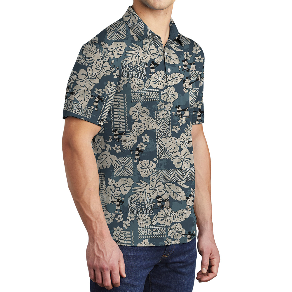 Cute Mickey Steamboat Willie Vintage Floral Navy Hawaiian Polo Shirt