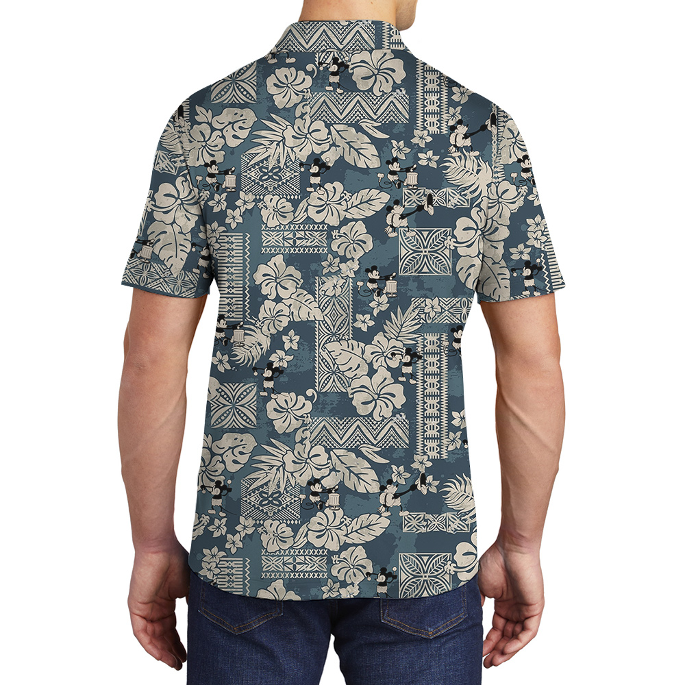 Cute Mickey Steamboat Willie Vintage Floral Navy Hawaiian Polo Shirt