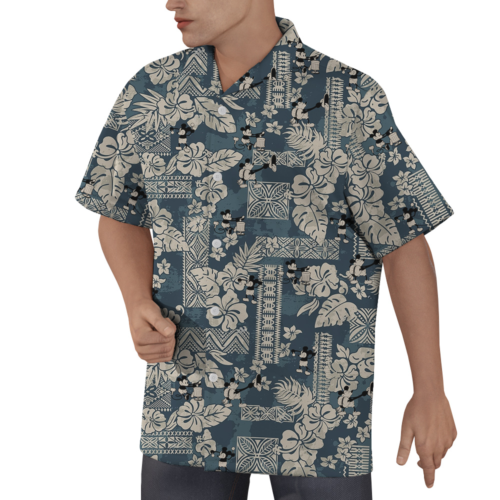 Vintage Hibiscus Steamboat Willie Mickey Navy Hawaiian Shirt