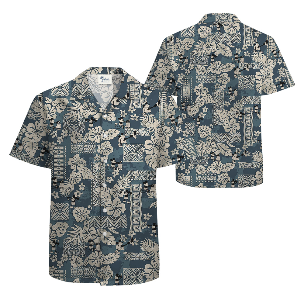 Vintage Hibiscus Steamboat Willie Mickey Navy Hawaiian Shirt
