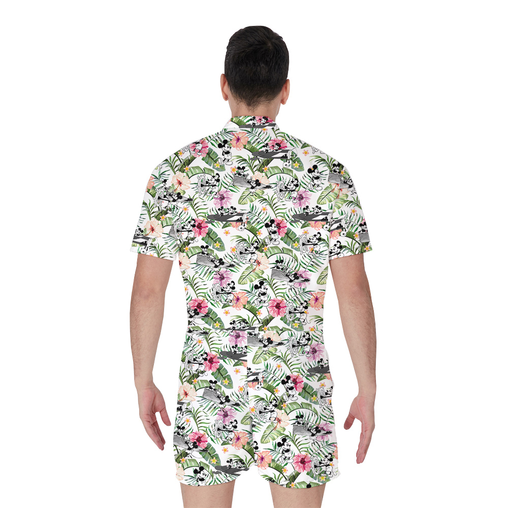 Cute Mickey Steamboat Willie Tropical Hibiscus Hawaiian Romper For Men