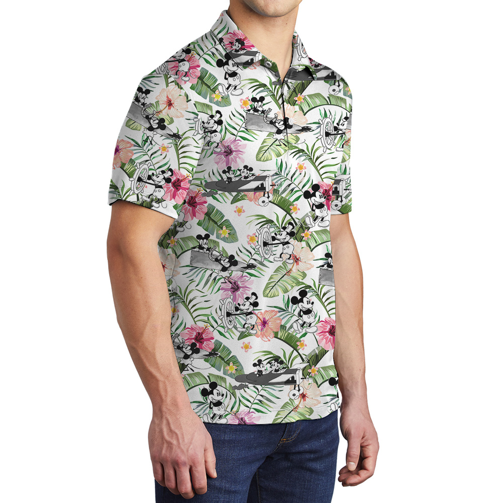 Cute Mickey Steamboat Willie Tropical Hibiscus Hawaiian Polo Shirt