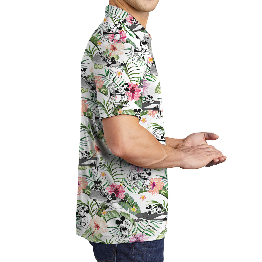 Cute Mickey Steamboat Willie Tropical Hibiscus Hawaiian Polo Shirt
