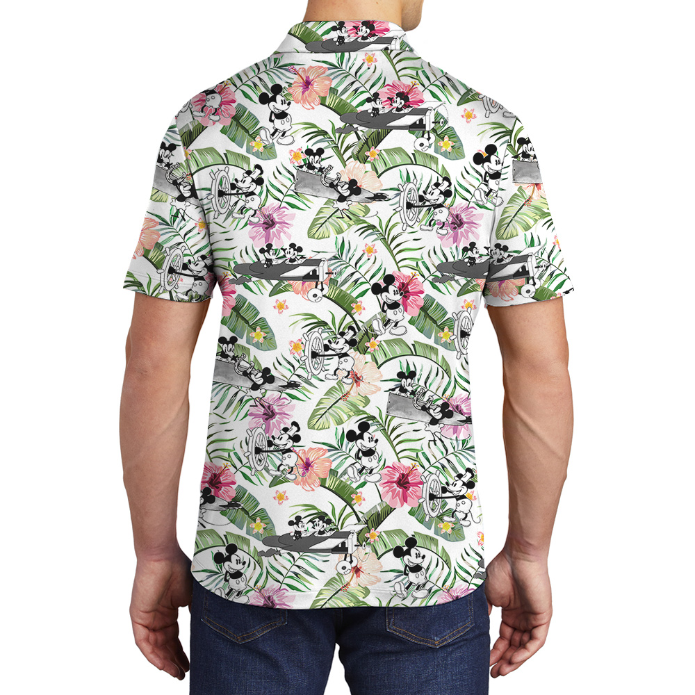 Cute Mickey Steamboat Willie Tropical Hibiscus Hawaiian Polo Shirt