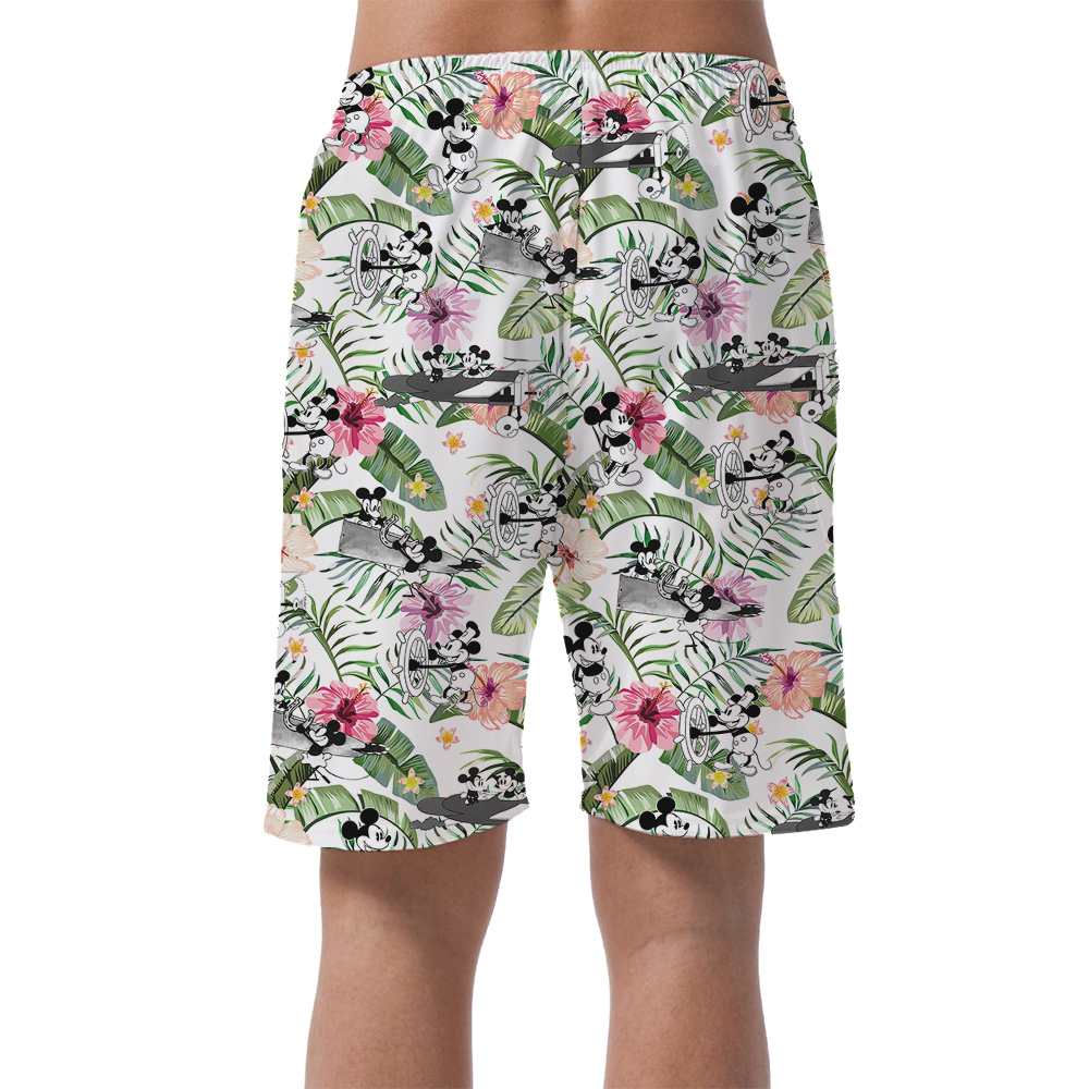 Cute Mickey Steamboat Willie Tropical Hibiscus Hawaiian Beach Shorts For Men