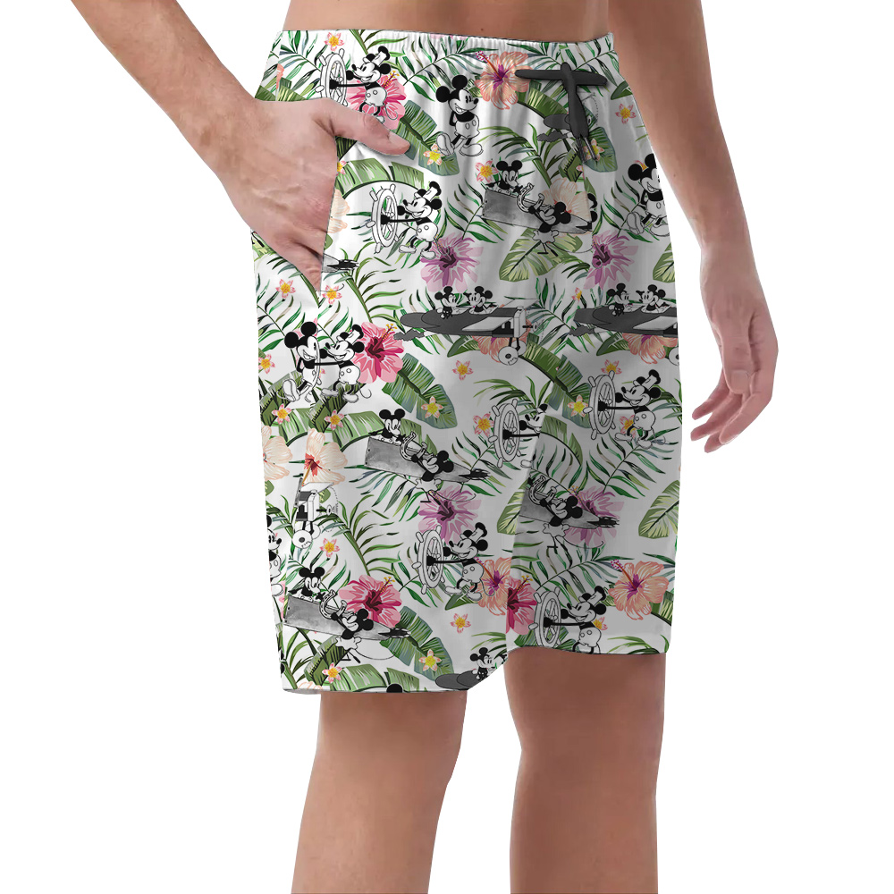 Cute Mickey Steamboat Willie Tropical Hibiscus Hawaiian Beach Shorts For Men