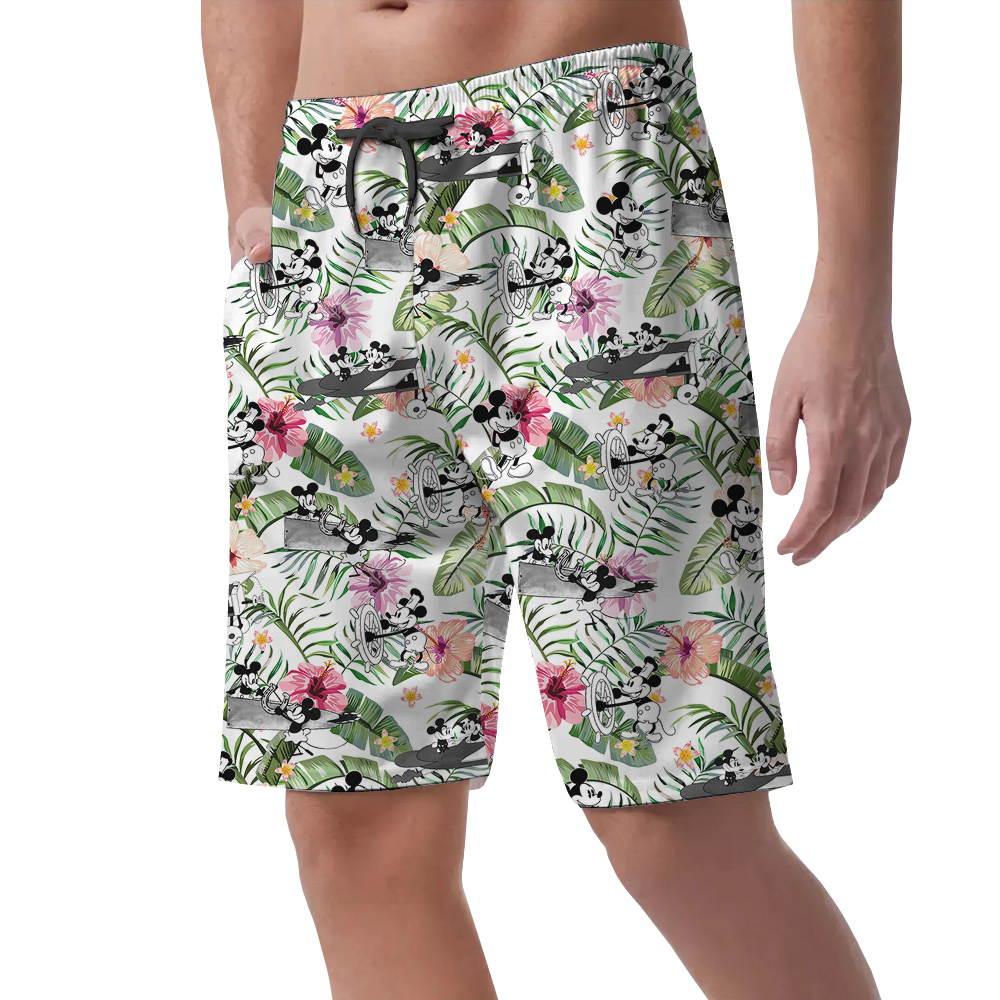 Cute Mickey Steamboat Willie Tropical Hibiscus Hawaiian Beach Shorts For Men