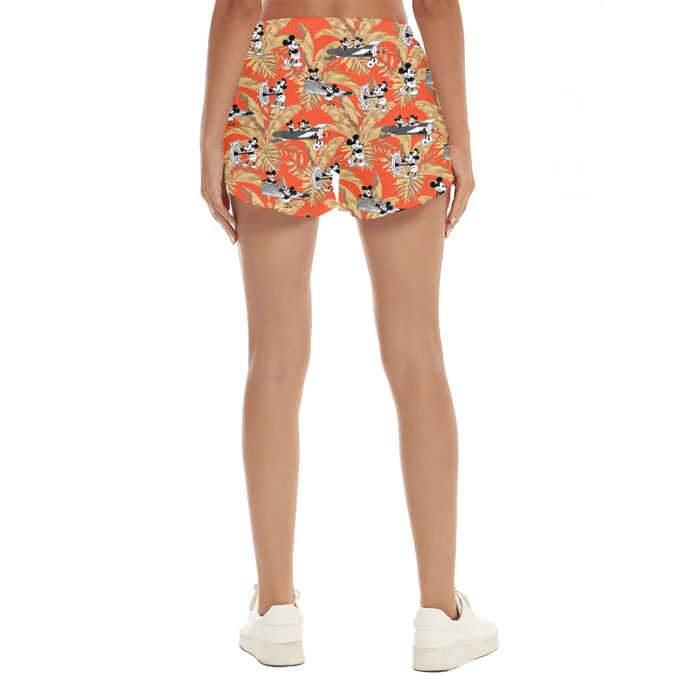 Tropical Leaves Steamboat Willie Mickey Orange Hawaiian Beach Shorts For Women