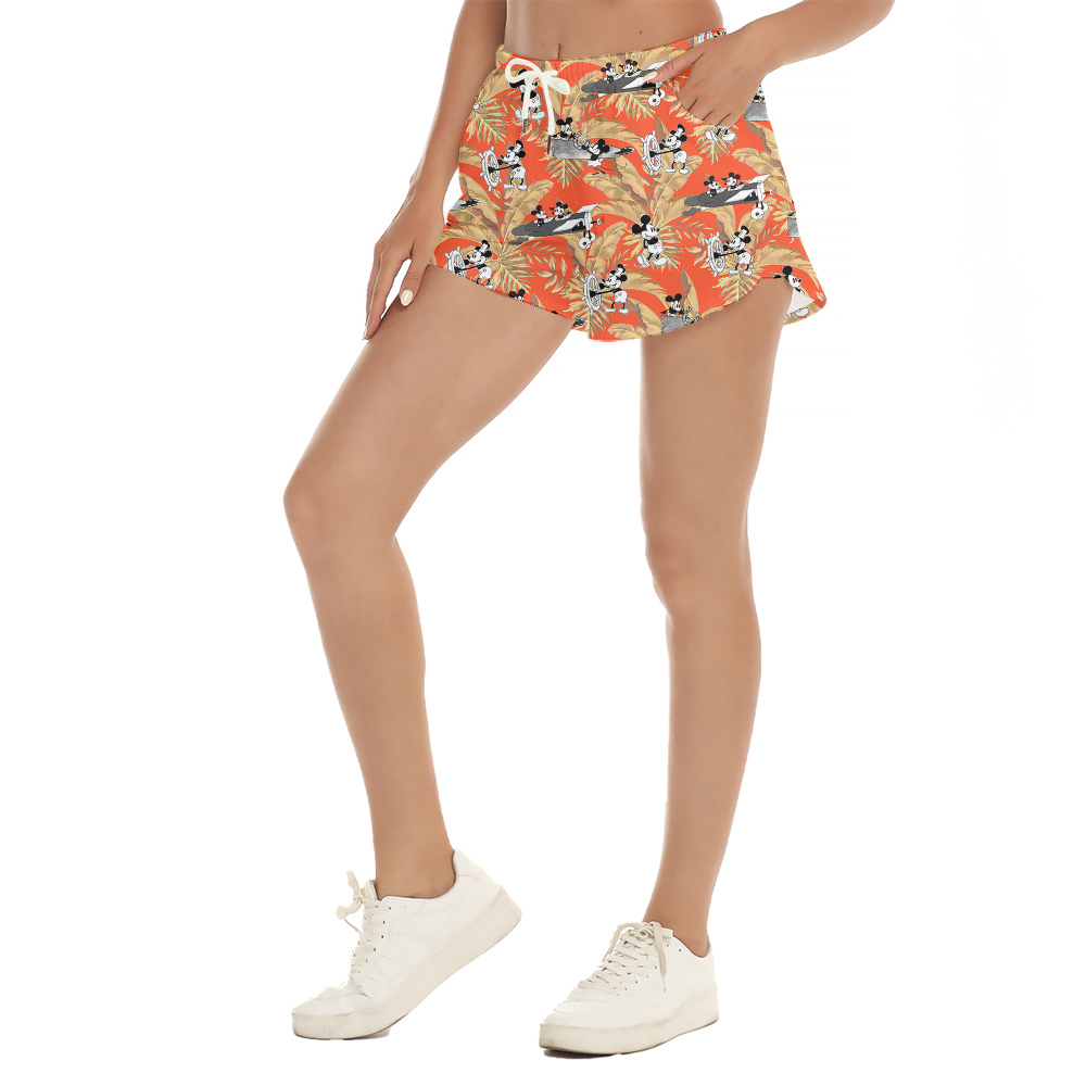Tropical Leaves Steamboat Willie Mickey Orange Hawaiian Beach Shorts For Women