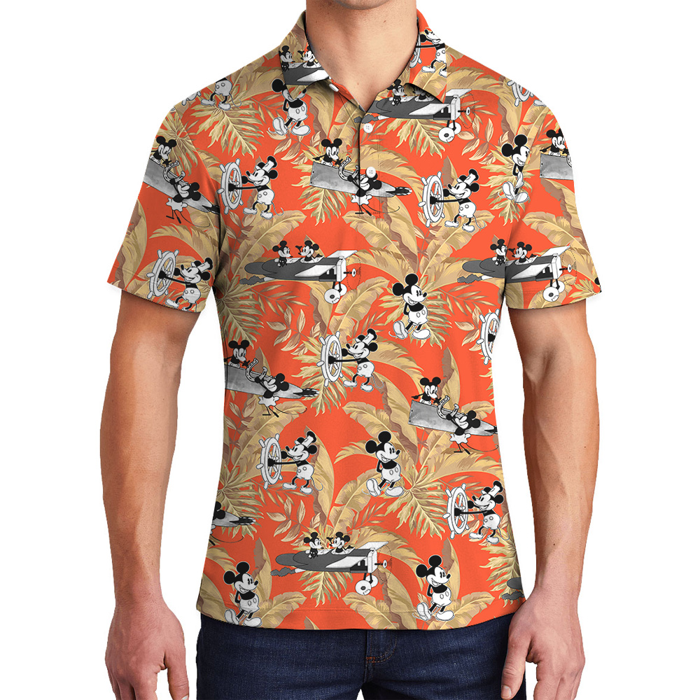 Cute Mickey Steamboat Willie Tropical Leaves Orange Hawaiian Polo Shirt - variant image 1