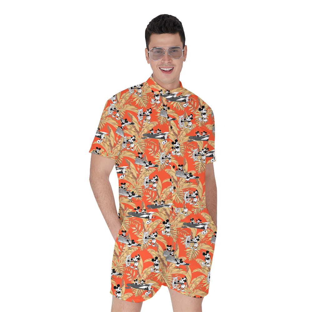Cute Mickey Steamboat Willie 1928 Tropical Leaves Orange Hawaiian Romper For Men - variant image 1