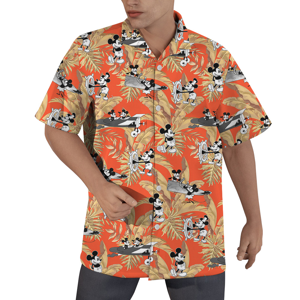 Tropical Leaves Mickey Steamboat Willie 1928 Orange Hawaiian Shirt - variant image 1