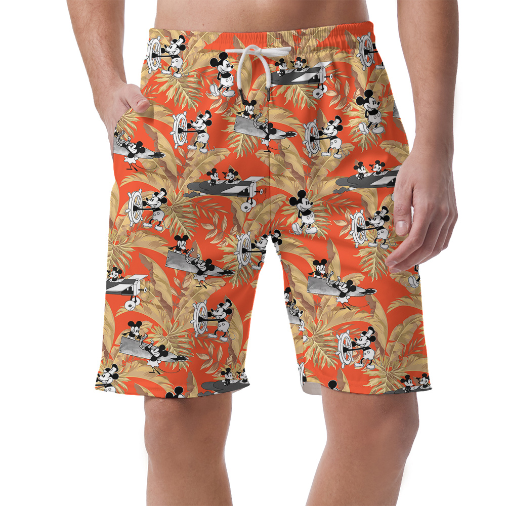 Steamboat Willie Mickey Tropical Leaves Orange Hawaiian Beach Shorts For Men - variant image 1