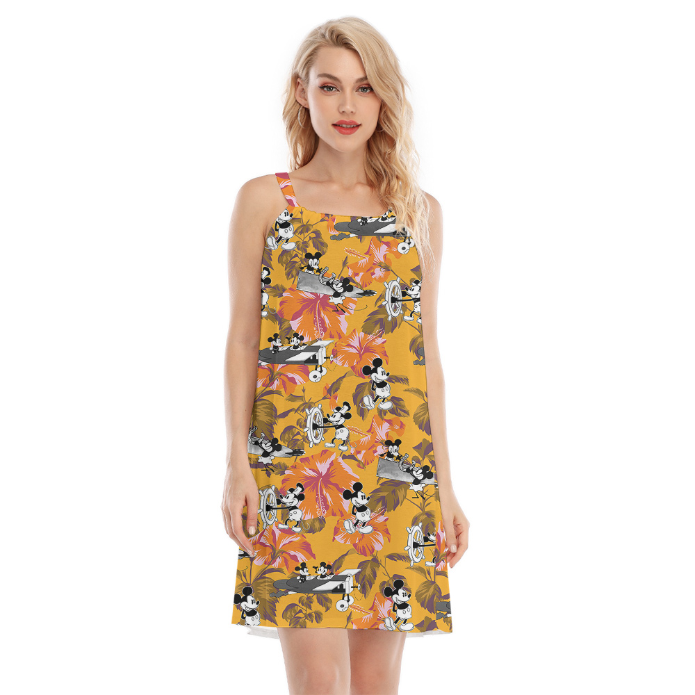 Cute Mickey Steamboat Willie Hibiscus Yellow Hawaiian Dress - variant image 1