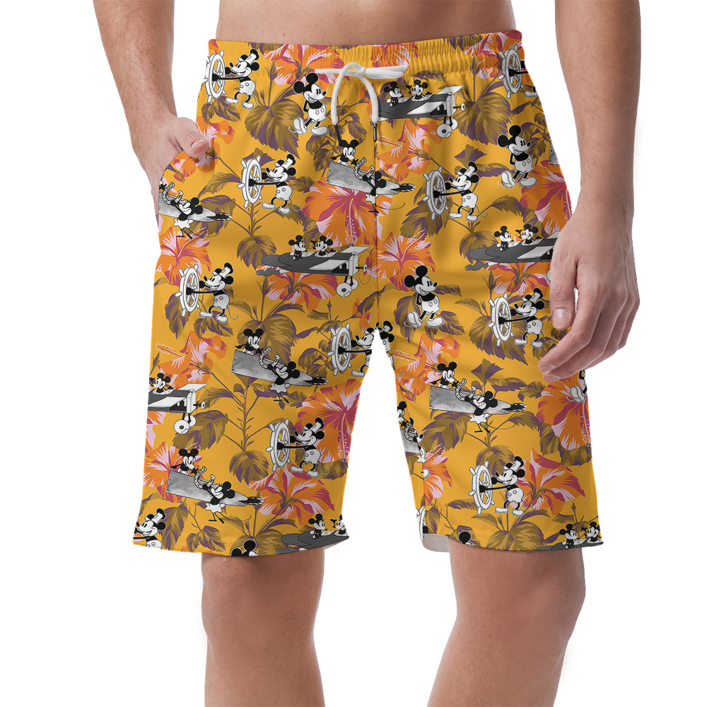 Cute Mickey Steamboat Willie 1928 Hibiscus Yellow Hawaiian Beach Shorts For Men - variant image 1