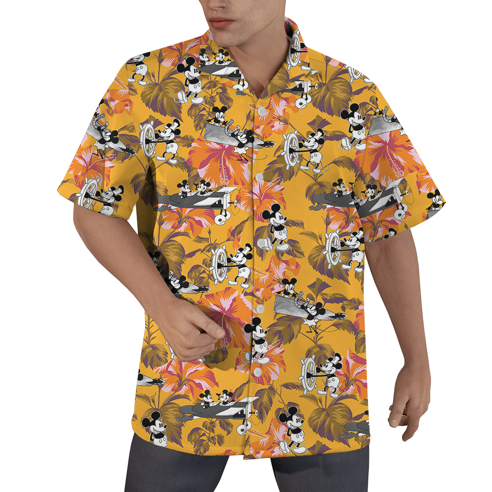 Floral Hibiscus Mickey Steamboat Willie Yellow Hawaiian Shirt - variant image 1